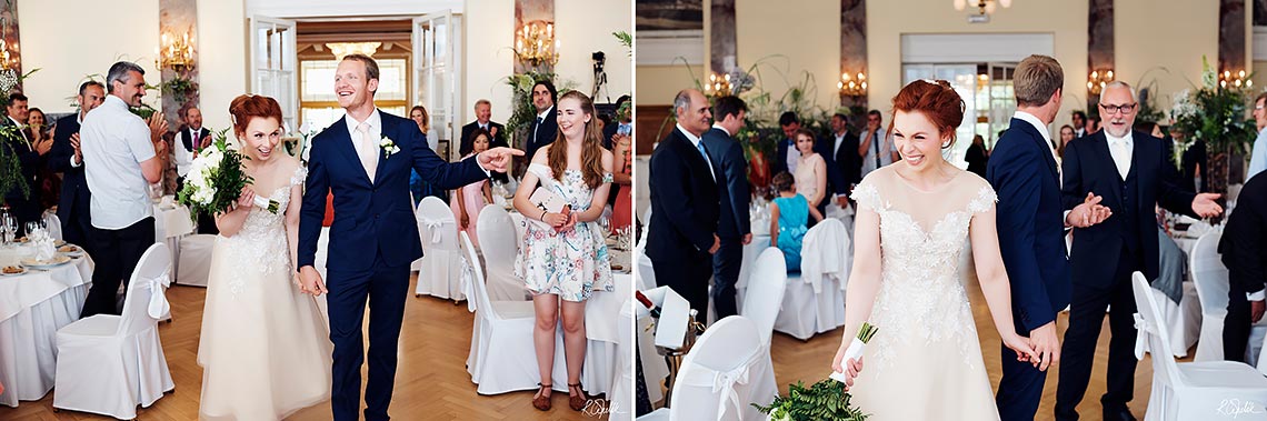 surprised bride and groom at wedding reception