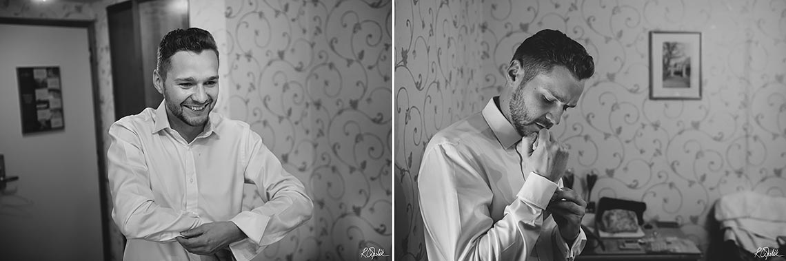 getting ready of groom black and white photos