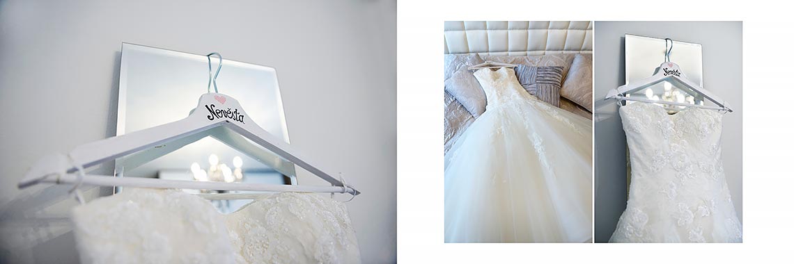 white wedding dress on the bed