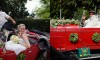 bride in red vintage car