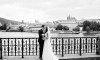 Black and white Prague wedding photography with view at Prague castle