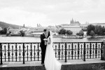 Black and white Prague wedding photography with view at Prague castle