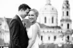 Black and white wedding photo of bride and groom in Prague