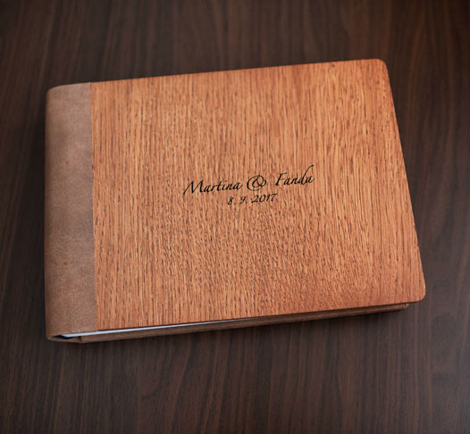 oak wedding album with brown leather on spine and back