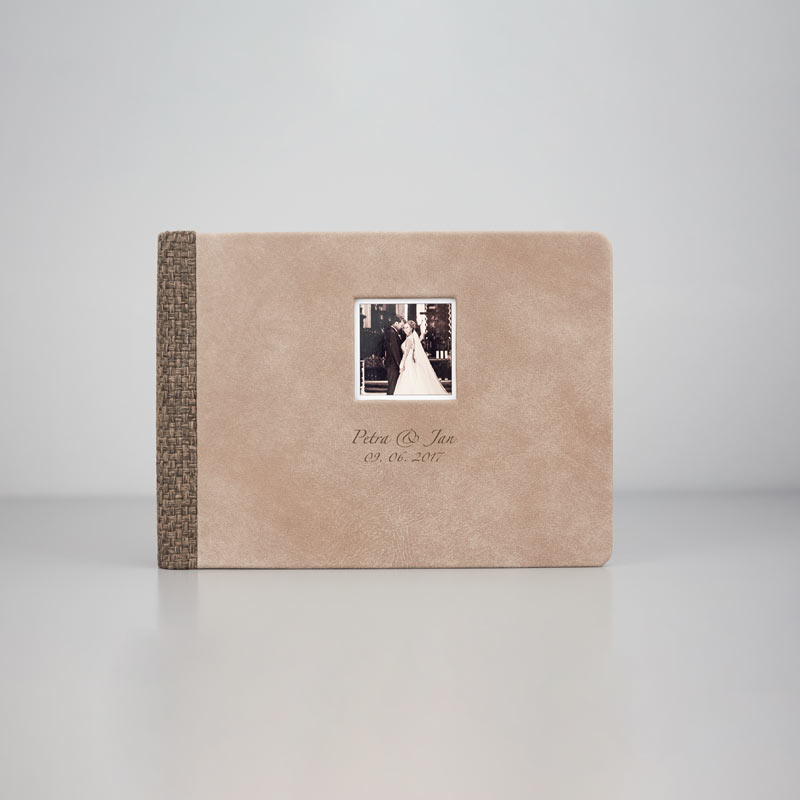 brown wedding album made of leather and woven
